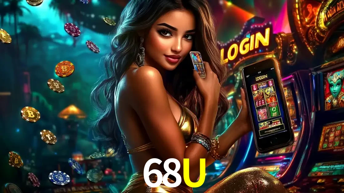 Mulher em um cenário de cassino temático de aventura, mostrando o app de caça-níqueis da 68U no celular. Fichas de apostas flutuam ao redor.